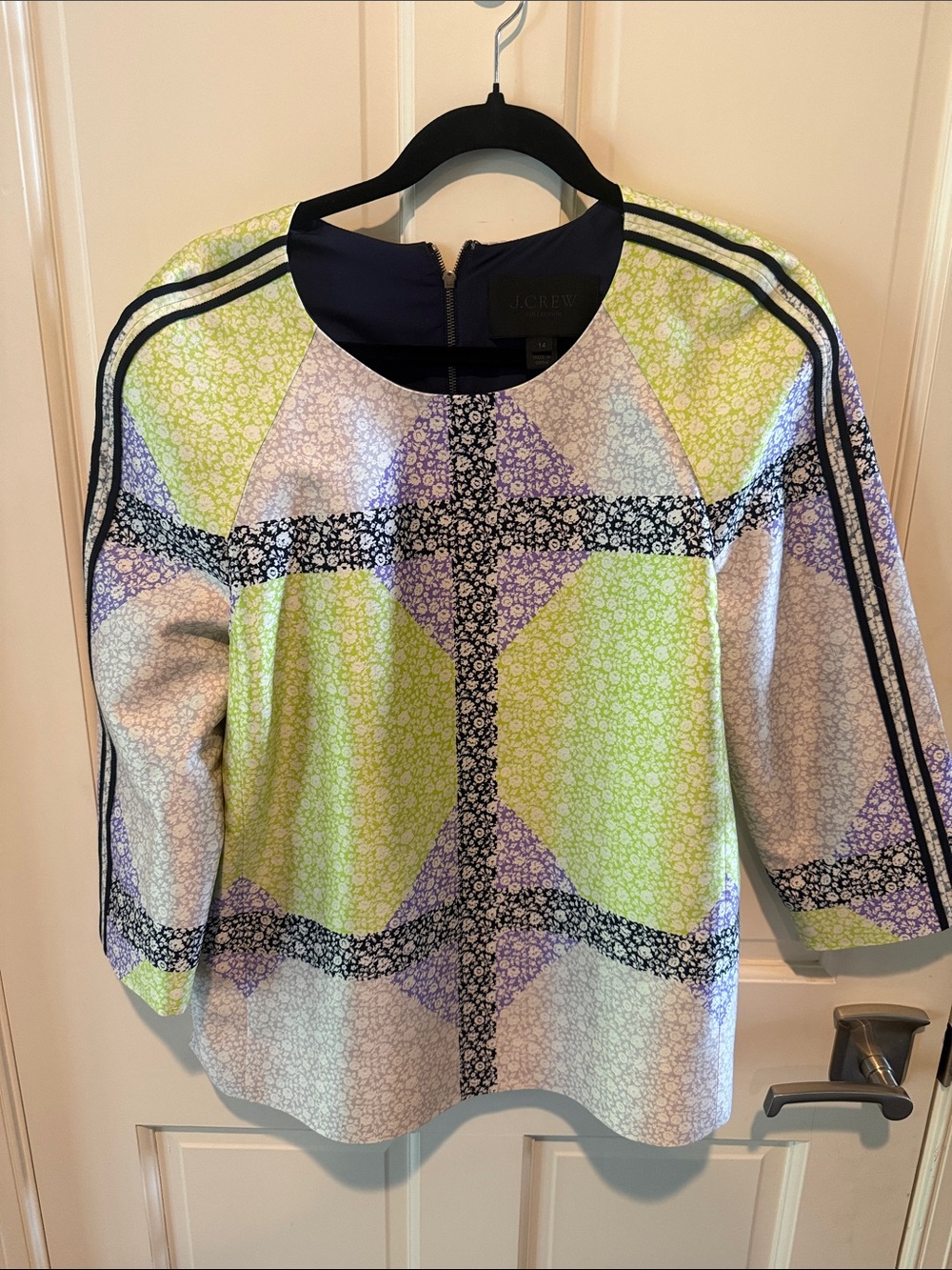 J. Crew Floral Geometric Boatneck Top in Lime, Lavender & Navy